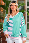 Green Stripe Colorblock Patchwork Side Split Sweatshirt