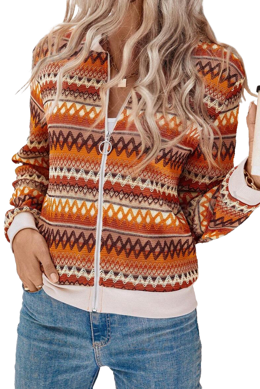 Orange Boho Striped Zip-Up Long Sleeve Jacket