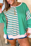 Green Stripe Colorblock Patchwork Side Slit Plus Size Sweatshirt