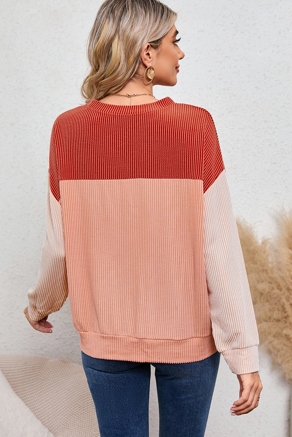 Red Color Block Ribbed Loose Long Sleeve Top