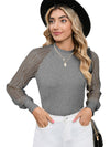 Black Basic Crew Neck Dressy Striped Mesh Long Sleeve Top