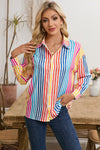 Colorful Striped Patch Pocket Long Sleeve Shirt