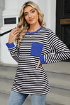 Long Sleeve Tops Black Striped Contrast Edge Loose Pocketed Long Sleeve Top.