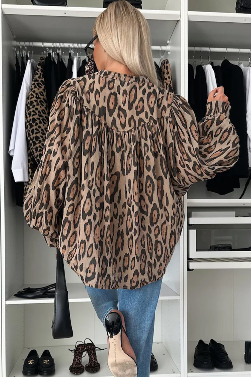 Light French Beige Leopard Print Balloon Sleeve Loose Blouse