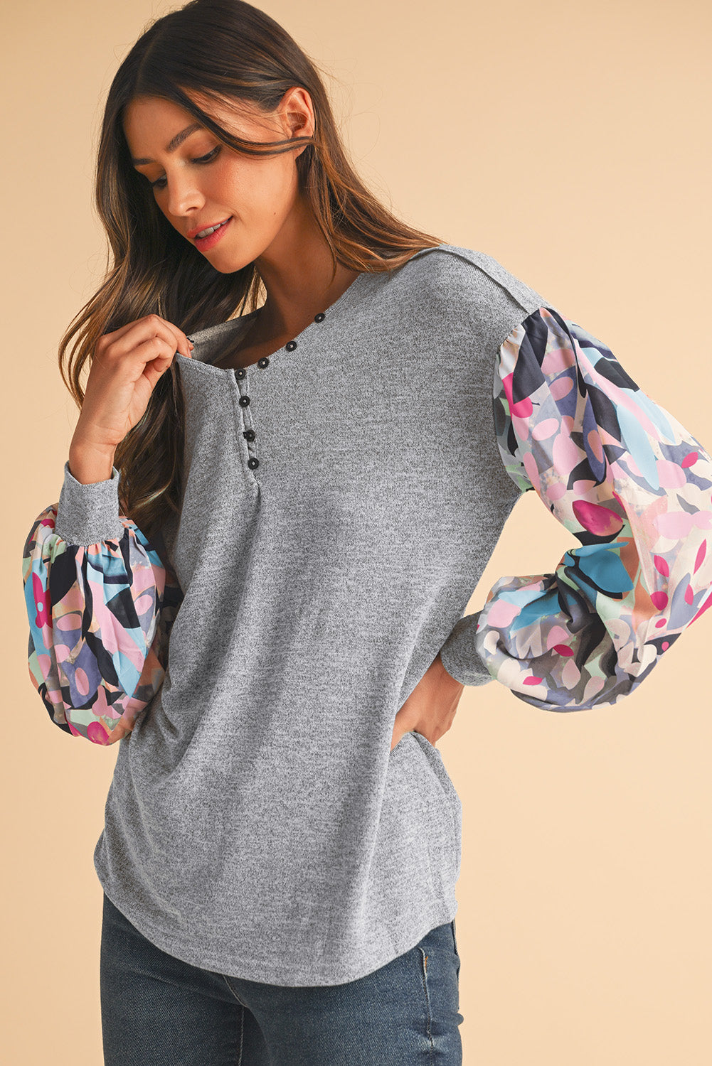 Gray Floral Splicing Lantern Sleeve Buttoned V Neck Top