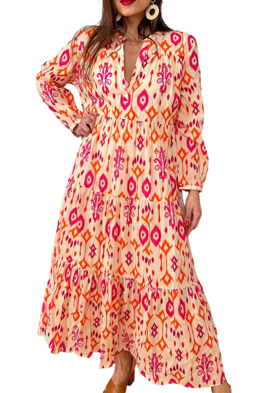 Orange Abstract Geometric Printed V Neck Maxi Dress