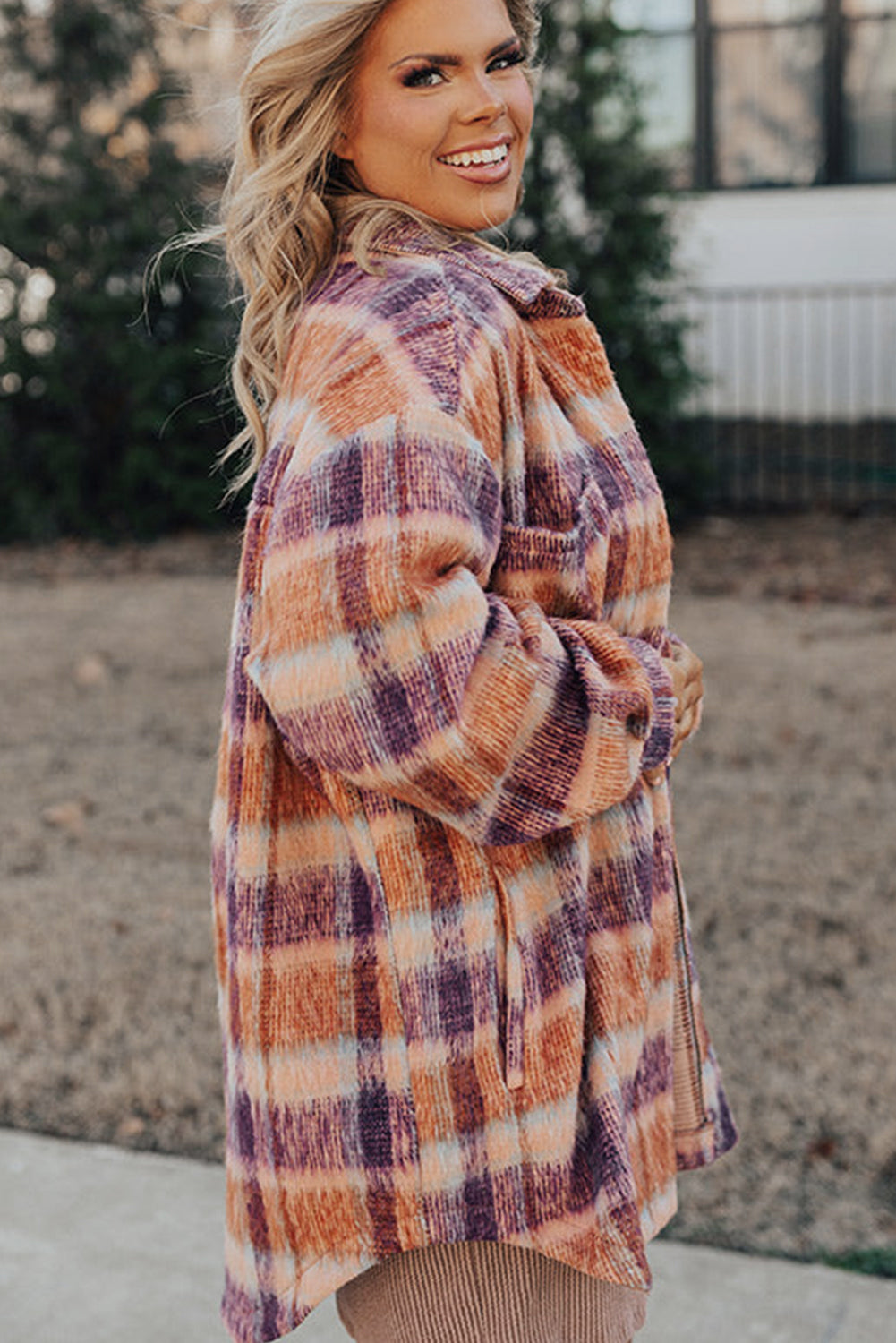 Multicolour Plus Size Plaid Print Collared Button Up Jacket