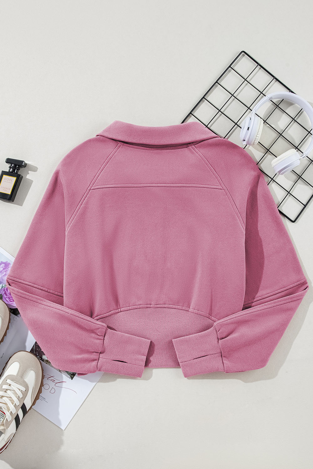 Flamingo Zip Up Stand Collar Ribbed Thumbhole Sleeve Sweatshirt