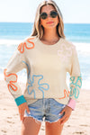 Jet Stream Contrast Flower Detail Colorblock Cuffed Loose Sweater