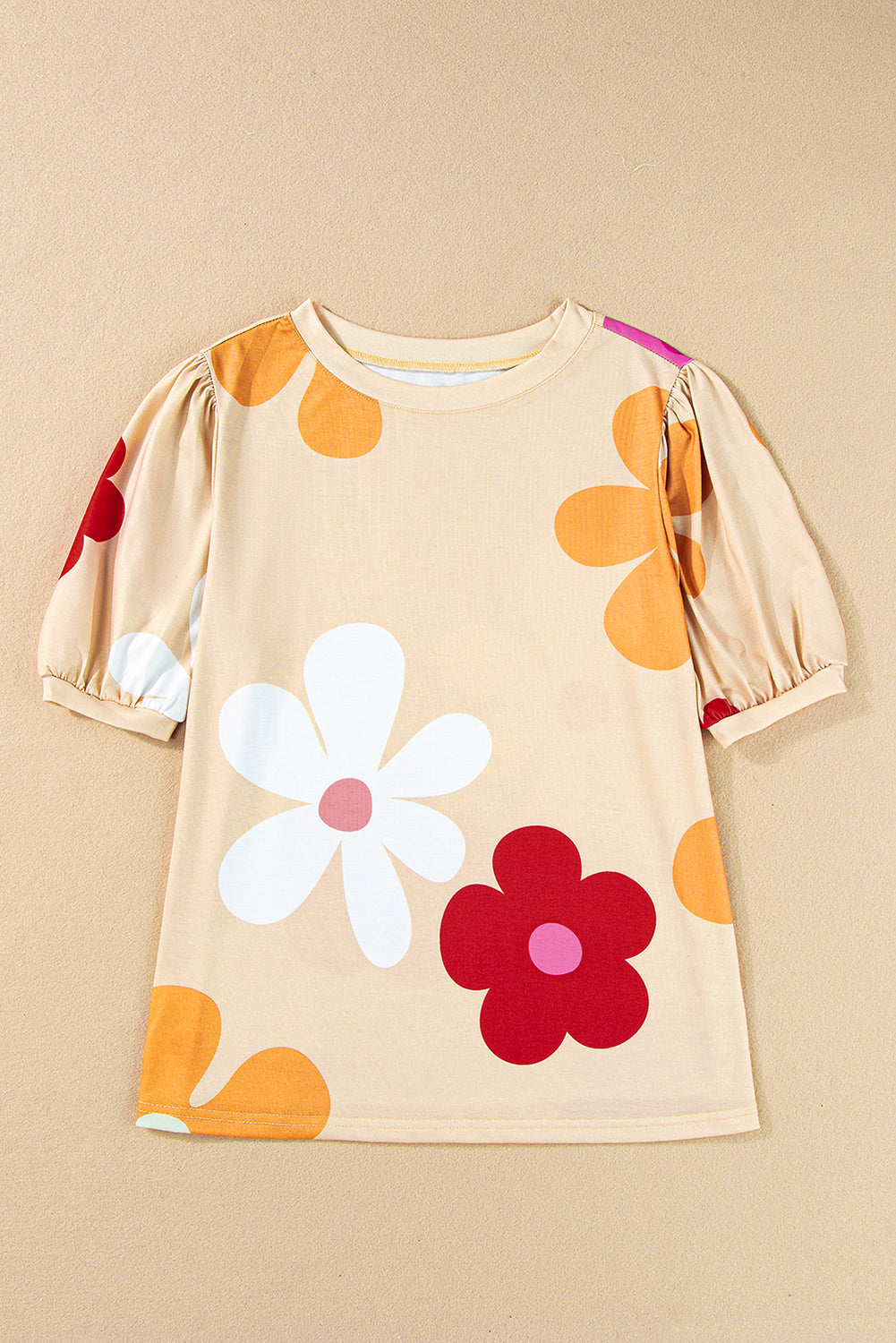 Sky Blue Colorful Flower Print Bubble Sleeve Tee