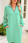 Green Pop of Color V Neck Striped Long Sleeve Mini Dress