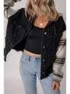 Black Patchwork Plaid Sleeve Frayed Hem Hooded Denim Jacket