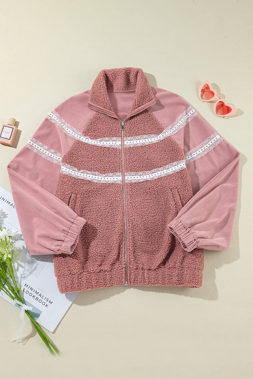 Rose Pink Sherpa Patchwork Lace Elastic Cuff Zip Up Jacket