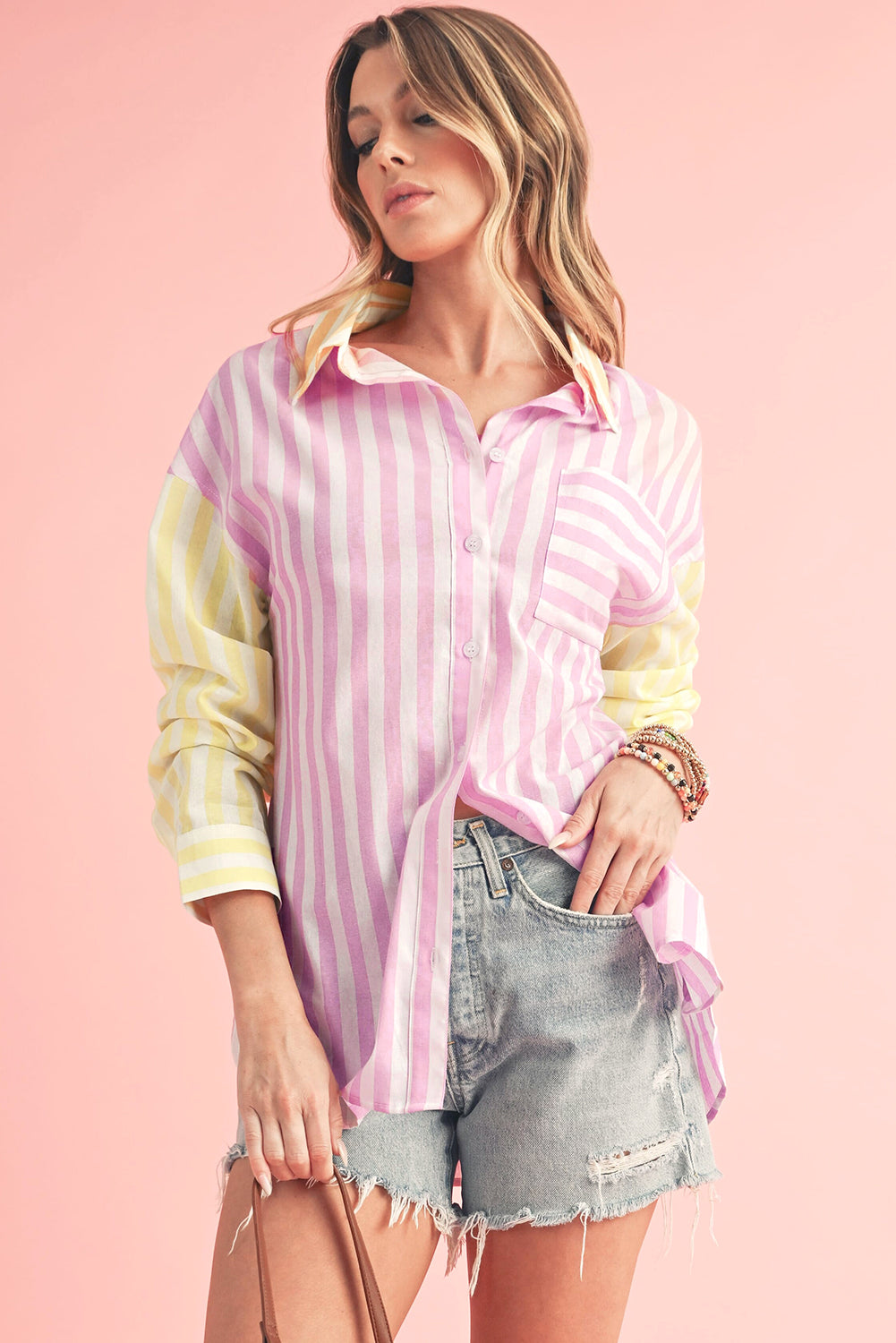 Pink Stripe Contrast Collar Long Sleeve Shirt