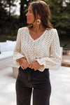 Beige Flower Lace V Neck Puff Sleeve Top