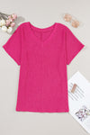 Bright Pink Basic Plain Textured V Neck T Shirt