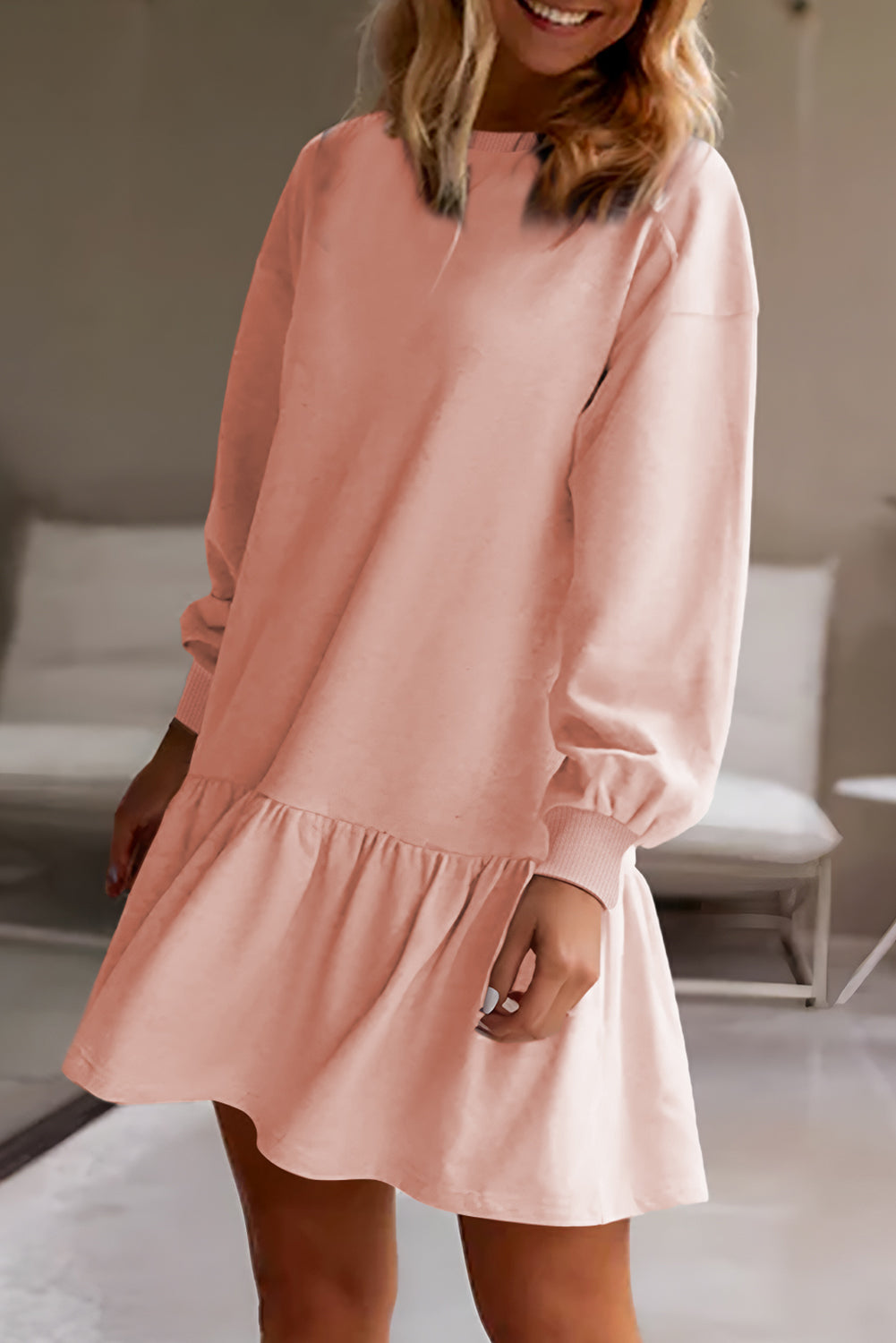 White Solid Color Ruffle Hem Mini Sweatshirt Dress