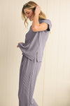 Blue Solid Corded Short Sleeve T Shirt and Wide Leg Pants Set