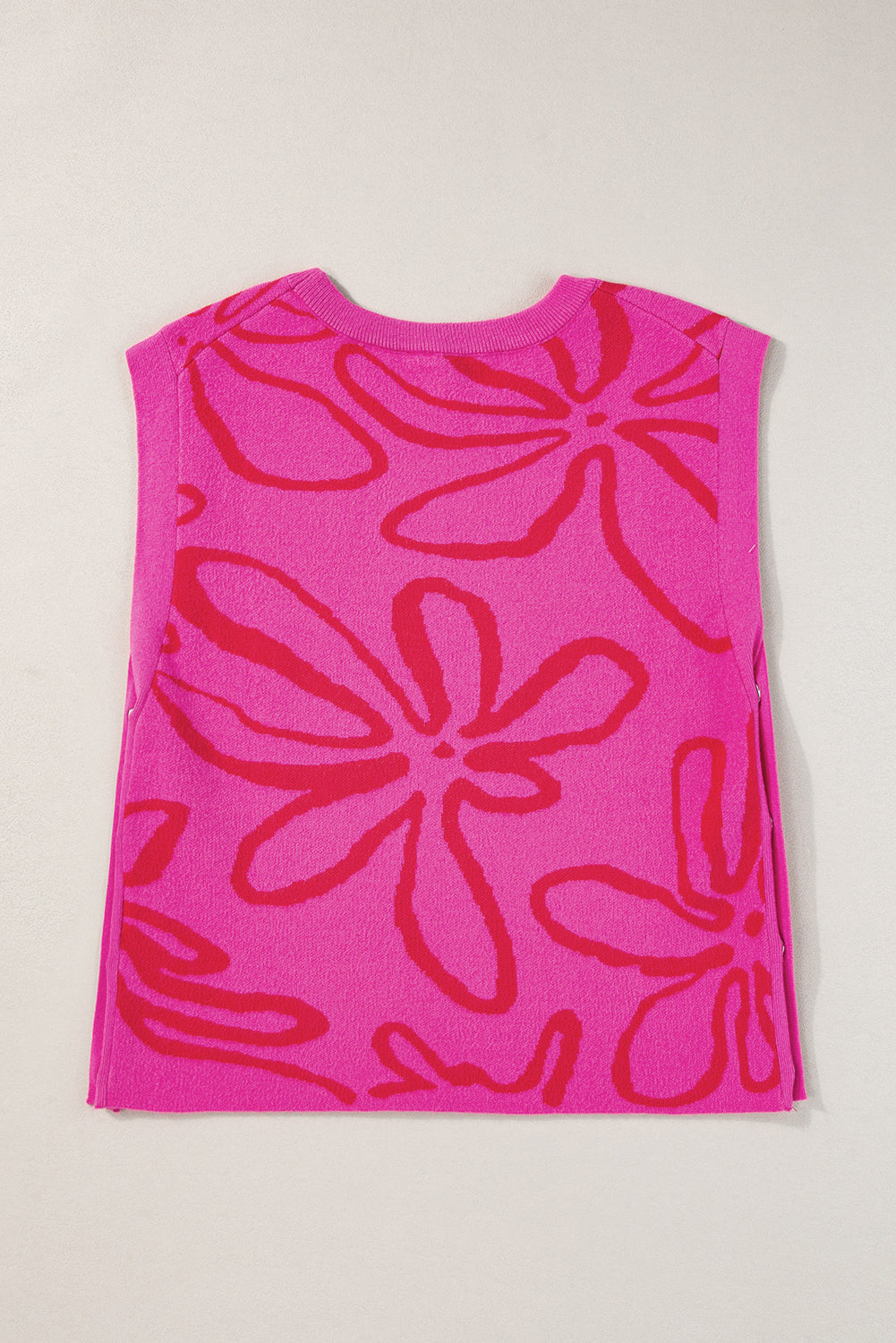 Bright Pink Side Buttons Sleeveless Floral Knitted Top