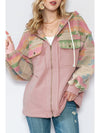 Light Pink Geometric Patchwork Hooded Zip Up Jacket