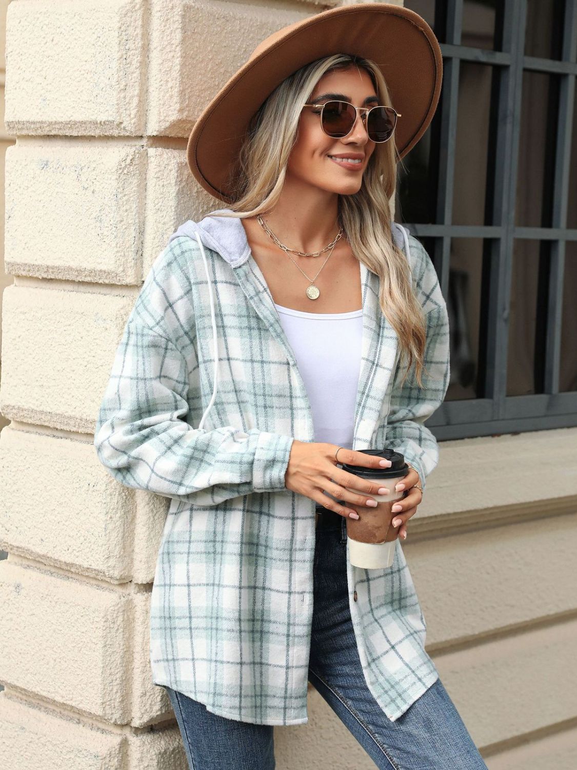 Drawstring Plaid Button Up Hooded Jacket