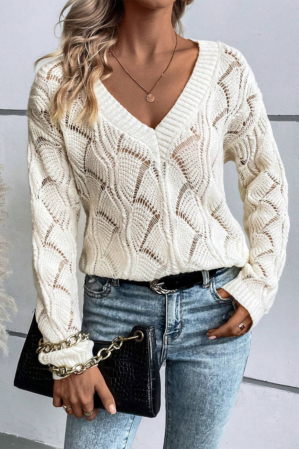 Sweaters Beige Knit Hollow Out V Neck Drop Shoulder Sweater.