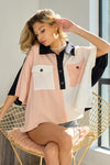 BiBi Color Block Quarter Neck Short Dolan Sleeve Top