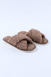 Brown Teddy Fur Cross Straps Home Slides Shoes