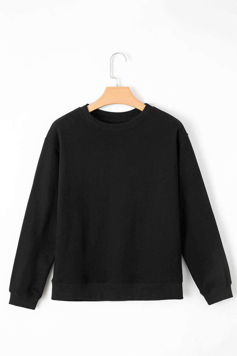 Black Solid Color Drop Shoulder Terry Sweatshirt