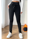 Black Solid Drawstring Waist Thermal Lined Leggings