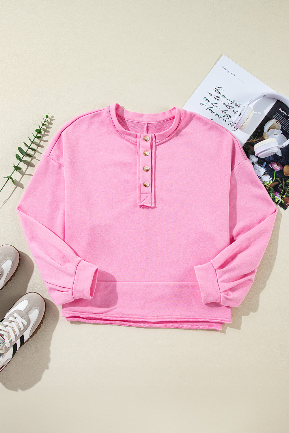 Sachet Pink Plain Drop Sleeve Henley Sweatshirt