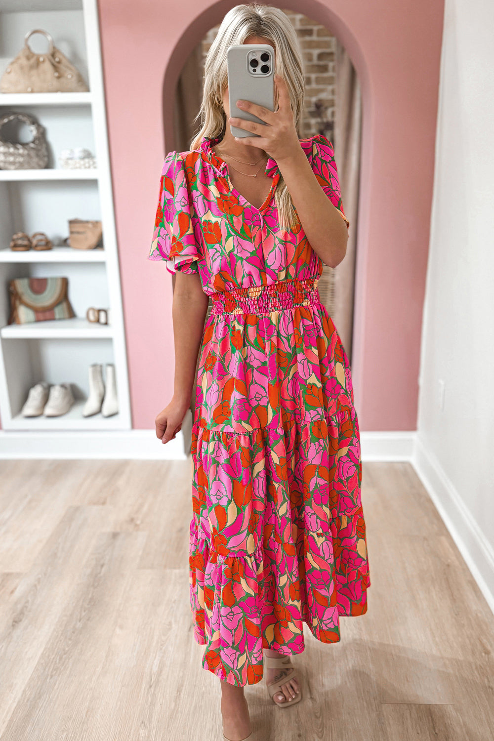 Rose Floral Flounce Sleeve Smocked Waist Tiered Maxi Dress