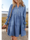 Dusk Blue Smocked Cuff Buttoned Tiered Denim Mini Dress