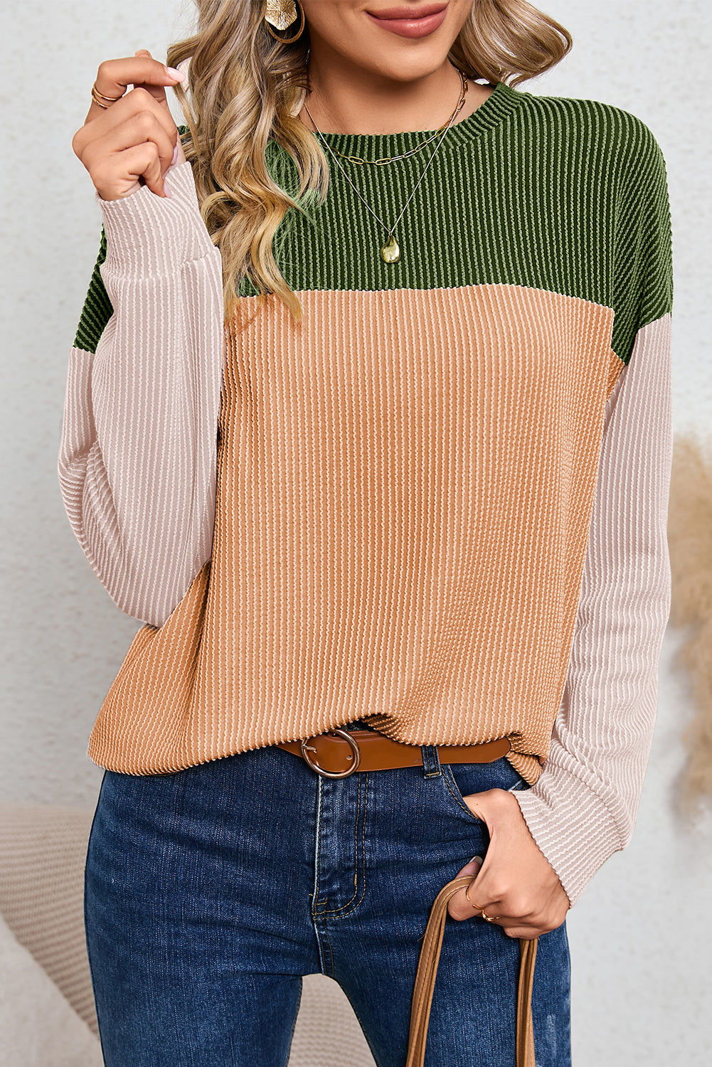 Red Color Block Ribbed Loose Long Sleeve Top