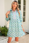 Green Floral Print Scallop Trim Pocket Mini Dress