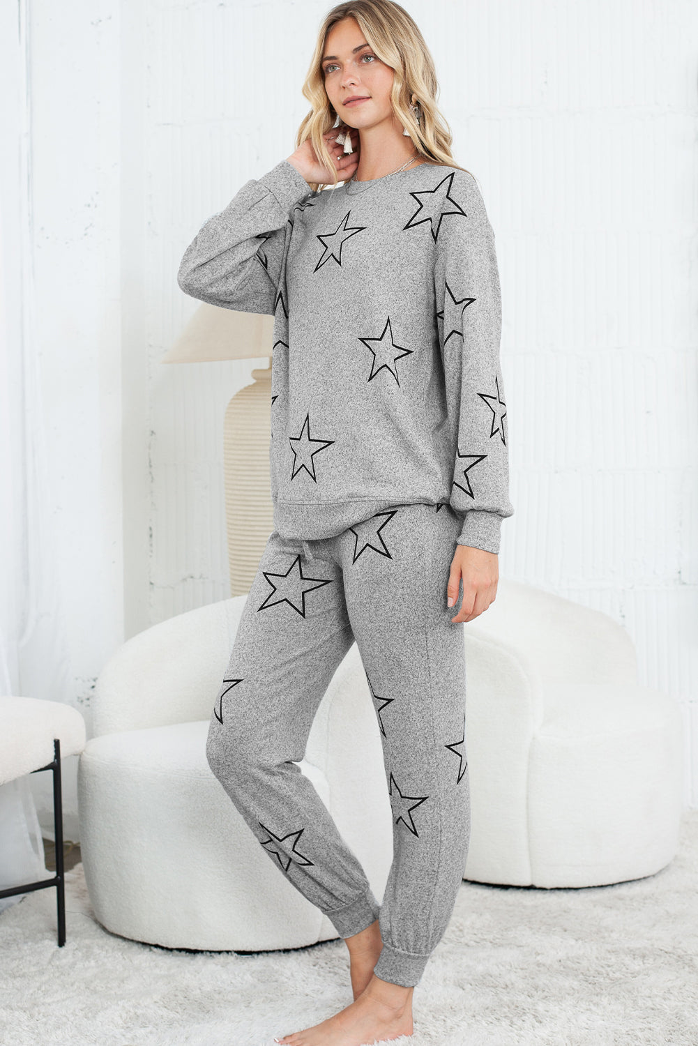 Gray Stars Print Long Sleeve Top and Drawstring Pants Set