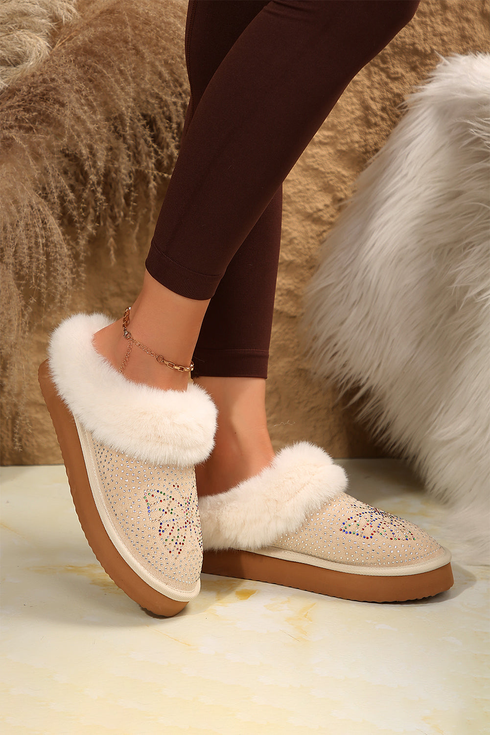 Beige Butterfly Sequined Thick Sole Plush Slip On Boots