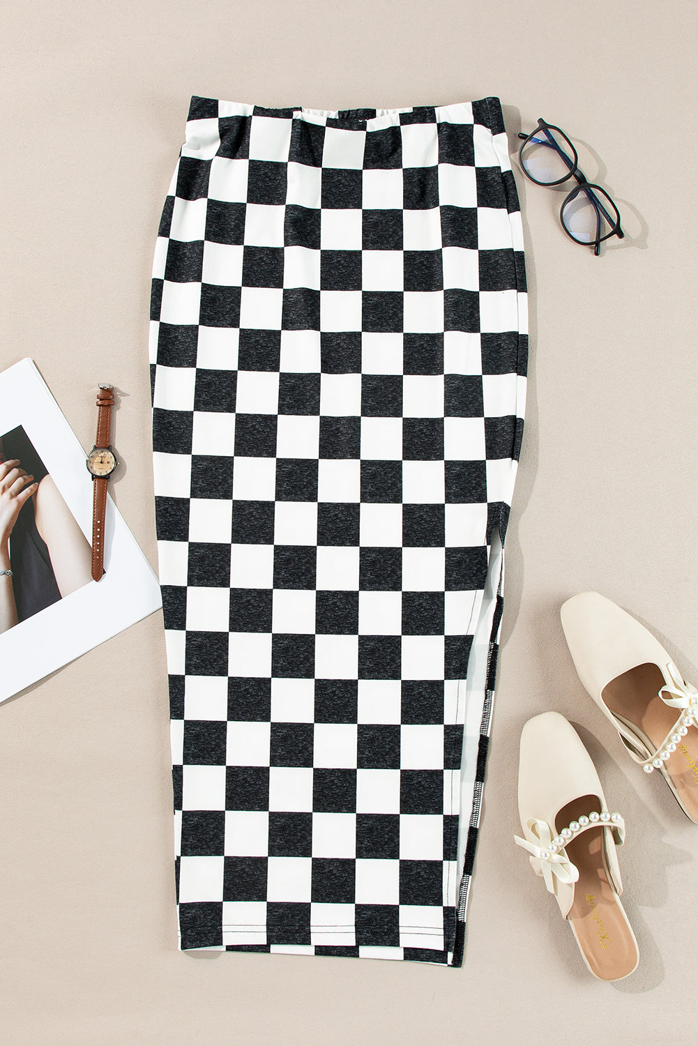 Rose Checkered Print Side Slit Slim Fit Midi Skirt