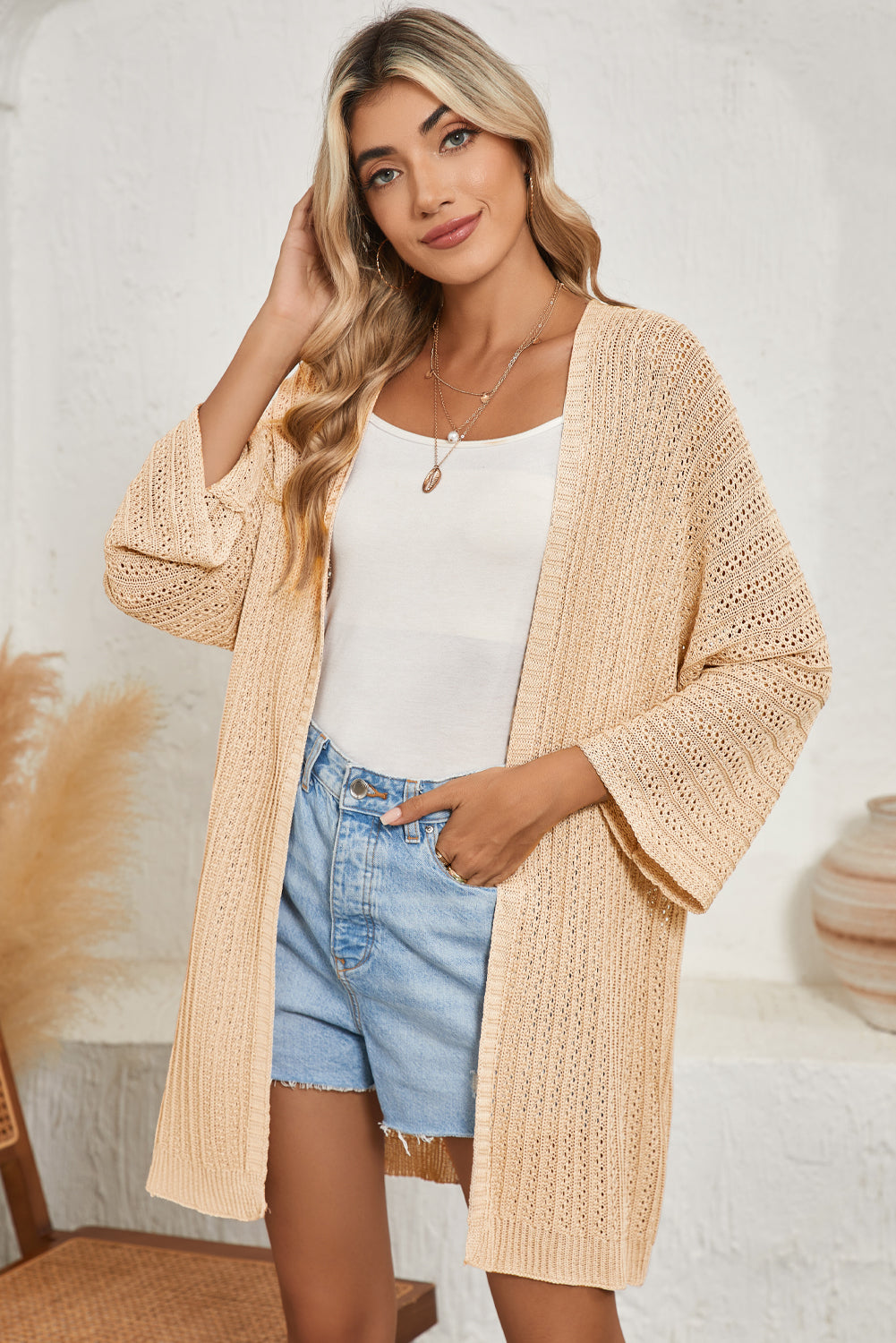 Rose Hollow-out Bracelet Sleeve Knit Cardigan