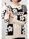 Apricot Square Floral Casual Loose Crew Neck Pullover Knit Sweater