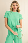 Blue Solid Corded Short Sleeve T Shirt and Wide Leg Pants Set