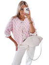 Light Pink Checkered Knitted Lace-up Ruffled 3/4 Sleeve Cardigan