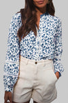 Blue Floral Print Lace Detail Puff Sleeve Shirt