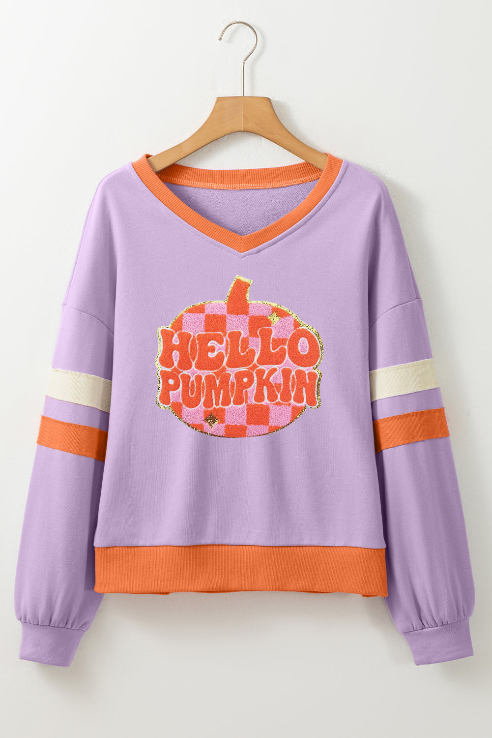 Orchid Bouquet HELLO PUMPKIN Chenille Patch Graphic V Neck Sweatshirt