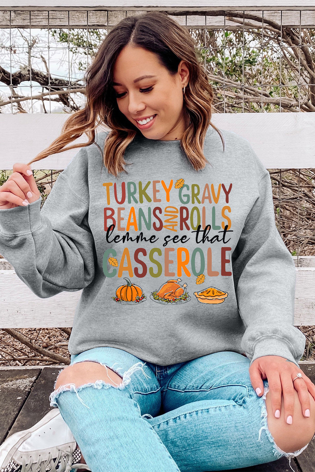 Gray Thanksgiving Slogan Pumpkin Turkey Pie Graphic Sweatshirt