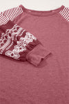 Brown Contrast Print Striped Raglan Long Sleeve Loose Top