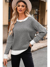 Coffee Stripe Contrast Edge Crew Neck Drop Shoulder Sweater