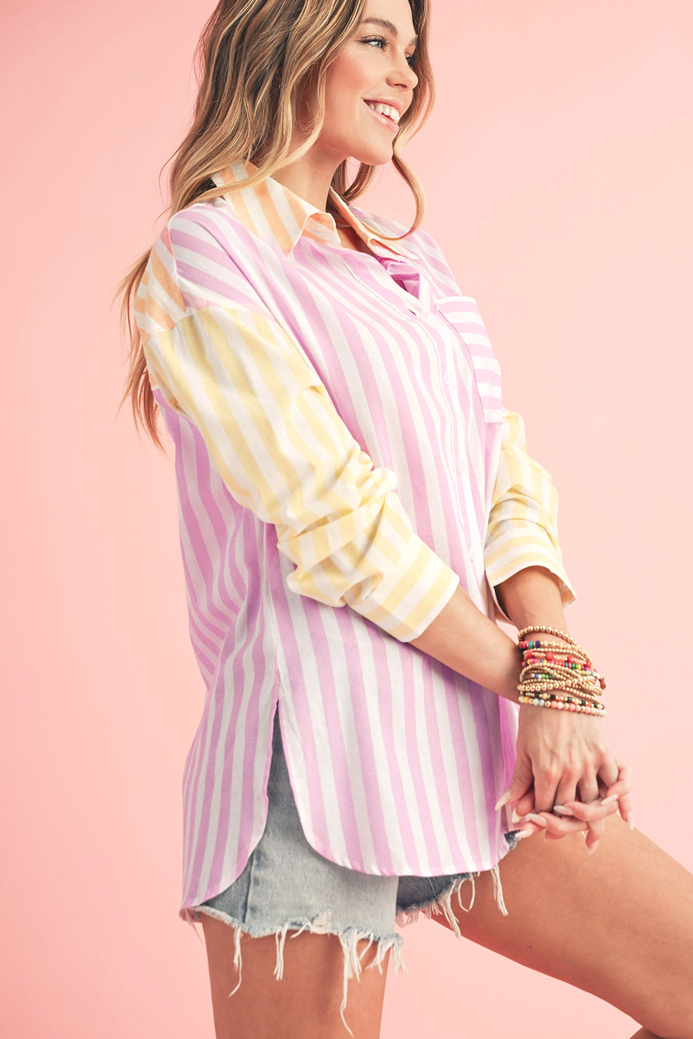 Pink Stripe Contrast Collar Long Sleeve Shirt