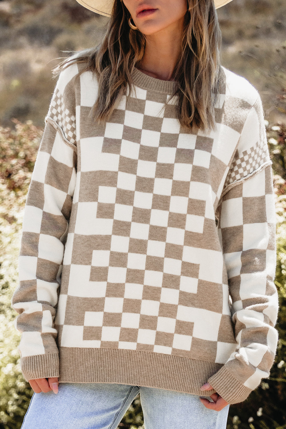 Carrot Checkered Drop Shoulder Round Neck Sweater