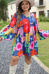 Colorful Floral V Neck Balloon Sleeve Plus Size Babydoll Dress